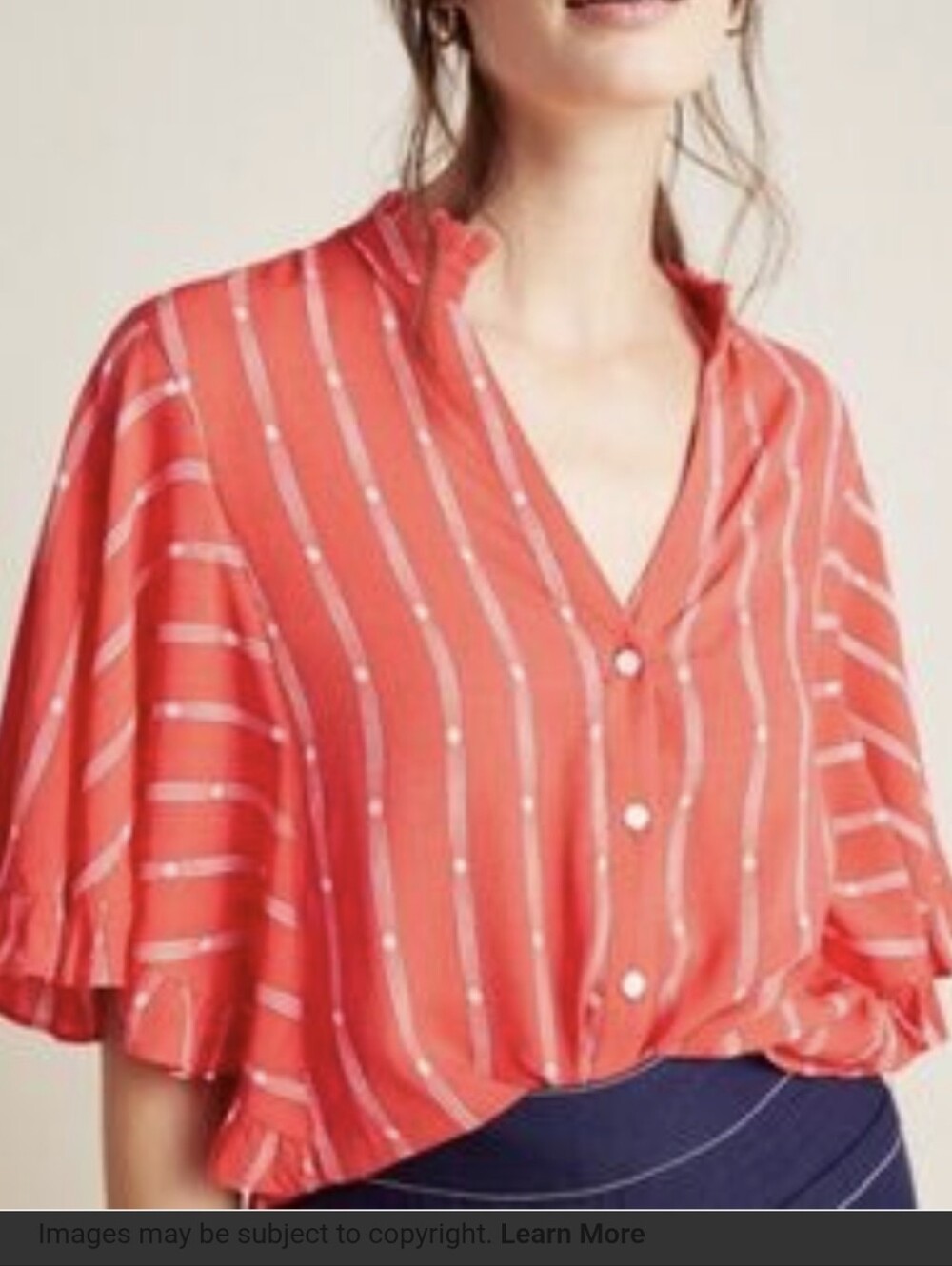 Maeve by Anthropologie Red Striped Button-Down Ruffle Flutter Sleeve Crop Blouse